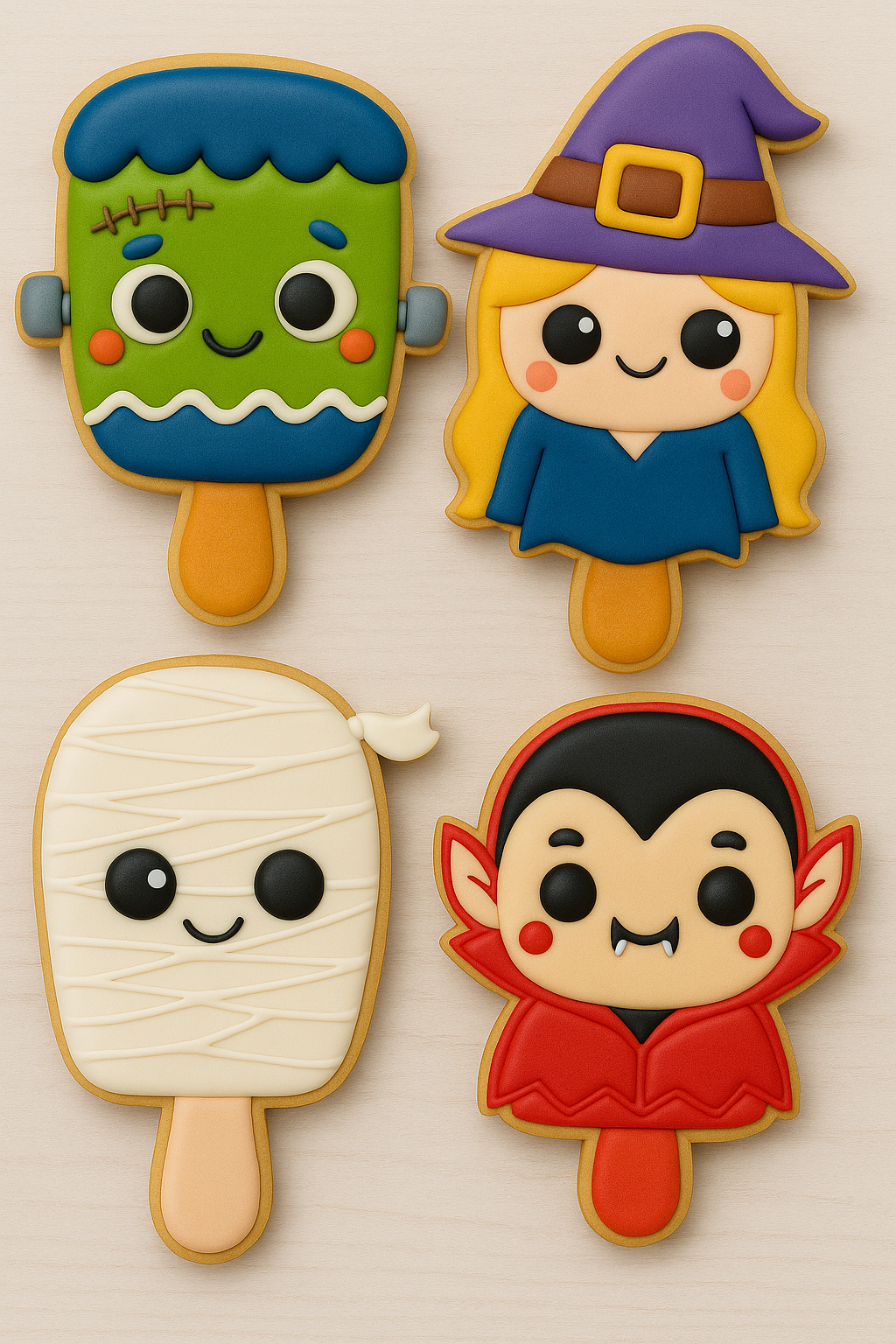 Halloween Popsicle Cookies – Frankenstein, Witch, Vampire & Mummy